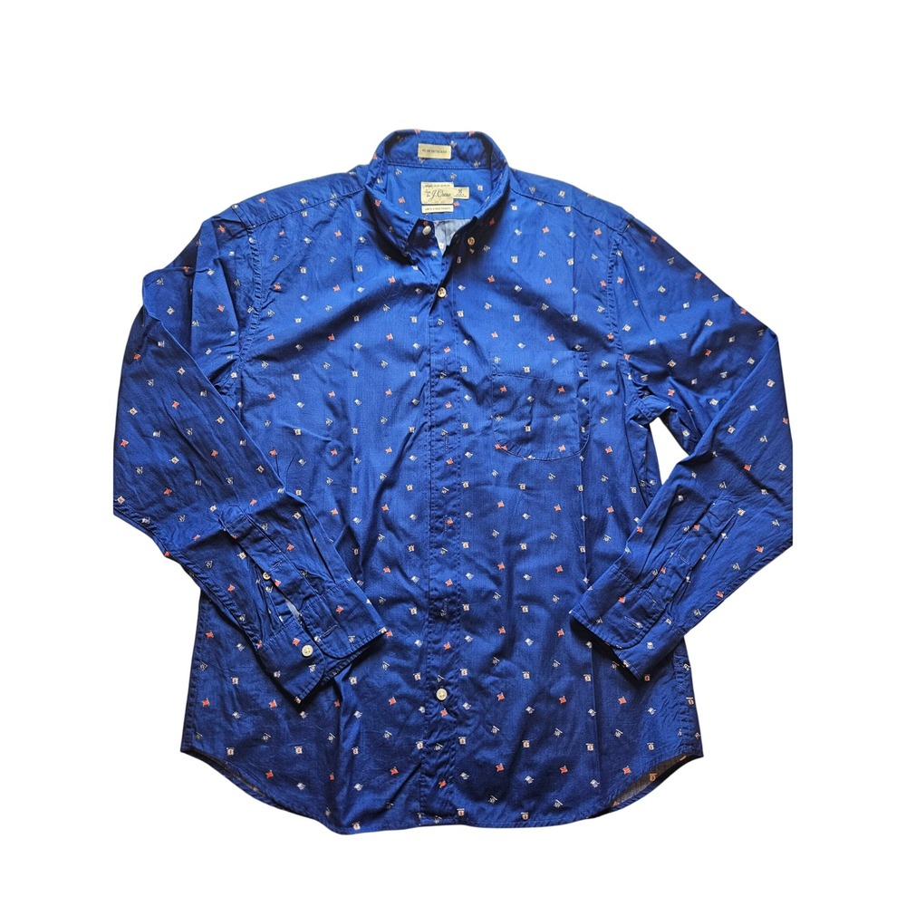 J.Crew Mens Slim Untucked Secret Wash Shirt Blue Nautical Flag Print Size M